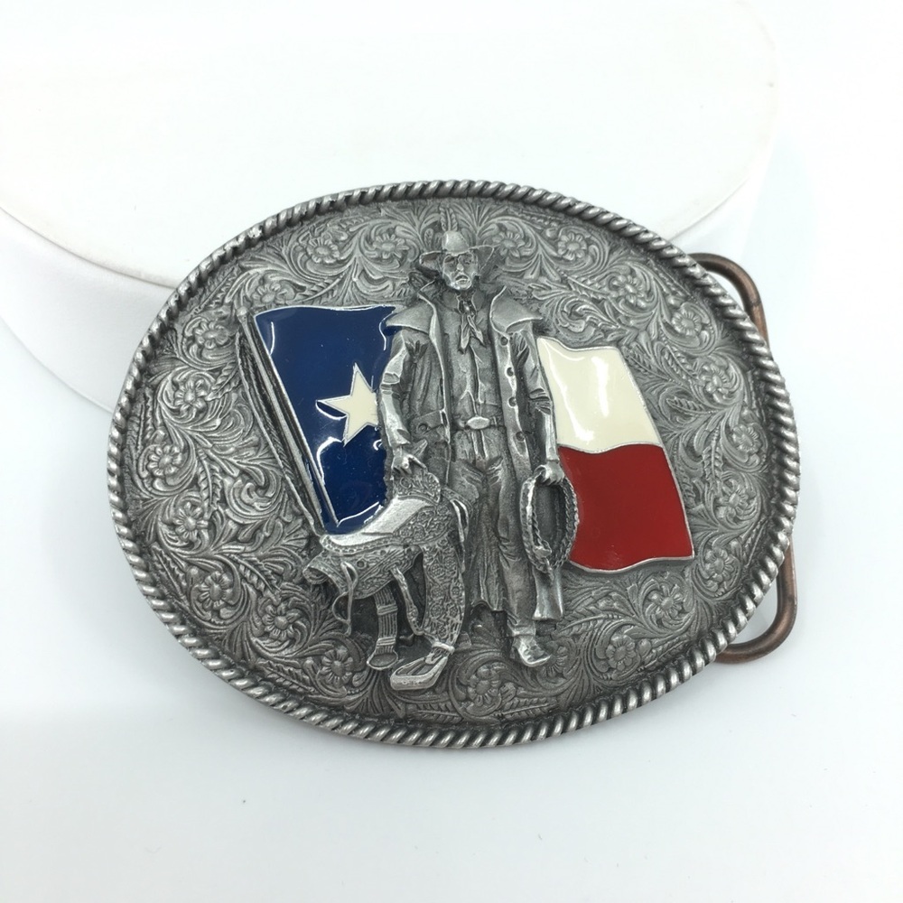 Vintage Texas State Flag Enameled Cowboy Belt Buckle By Bergamot 3D Pewter